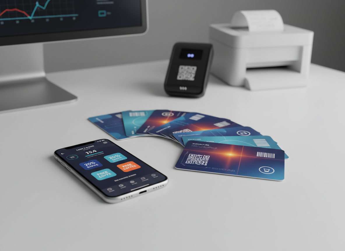 A fan of sleek plastic loyalty cards arranged in a gentle curve on a matte white desk, each card showcasing different modern designs with QR codes, barcodes, and chip icons in cool blues and vibrant oranges. Beside them lies a slim smartphone displaying a digital loyalty card app interface with visible point balances and discount badges. In the background, slightly out of focus, a compact QR code scanner and a small thermal receipt printer rest near a minimalist monitor. Soft studio lighting from the left creates clean reflections on the cards’ glossy surfaces and subtle shadows, emphasizing a professional, high-tech atmosphere. Shot from a slightly elevated angle with photographic realism and a clean, modern aesthetic suitable for a B2B website hero image.